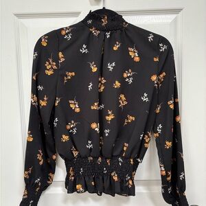 Floral Smocked High Neck Black Blouse